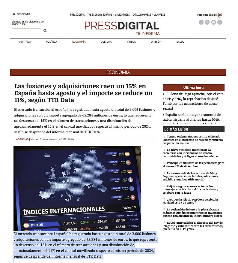 Las fusiones y adquisiciones caen un 15% en Espa�a hasta agosto y el importe se reduce un 11%, seg�n TTR Data